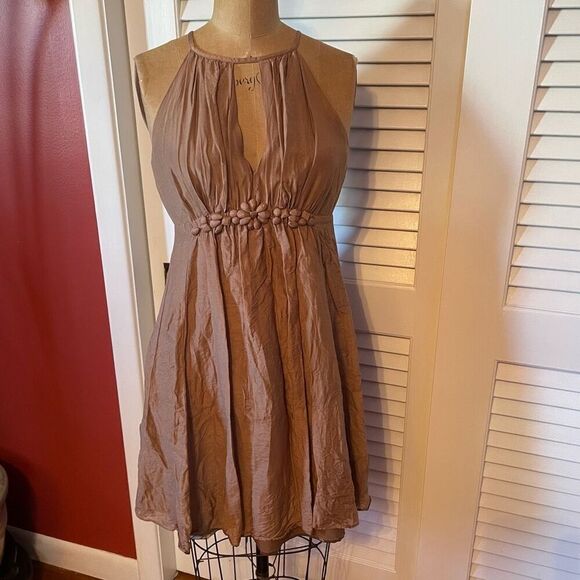 ESLEY | tan silk mini dress S - Picture 1 of 7